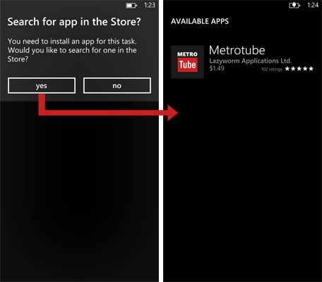 Prompt to install Metrotube from Windows Phone Store